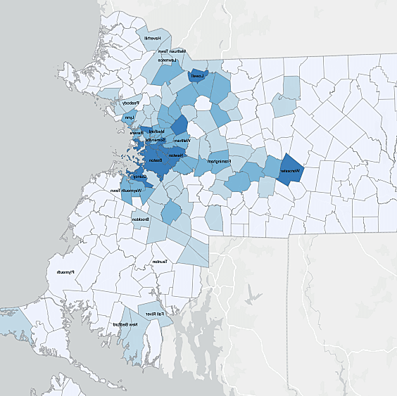 Census data map shows Asian Amercians in Massachusetts.